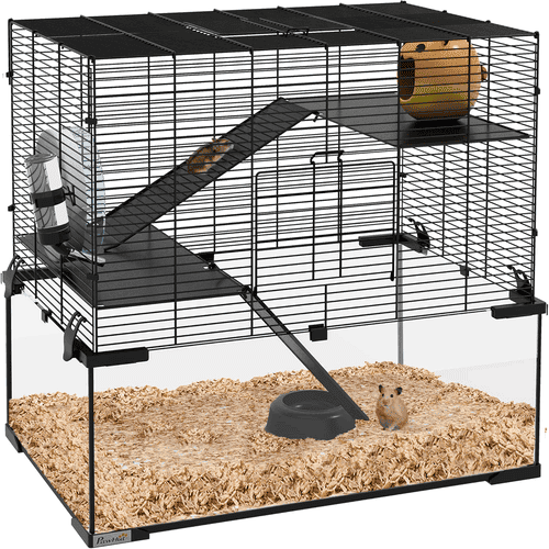 PawHut Large Hamster Cage with Deep Tempered Glass Bottom, Running Wheel, Hut, Water Bottle, Dish, 23.5" x 16" x 22.5", Black