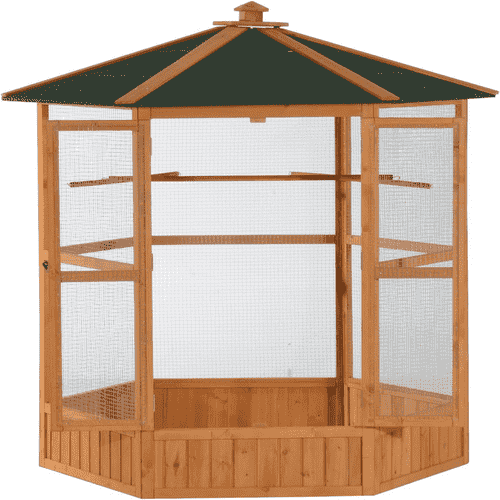PawHut 69" Large Hexagonal Outdoor Bird Cage with Covered Roof, Wooden, Brown