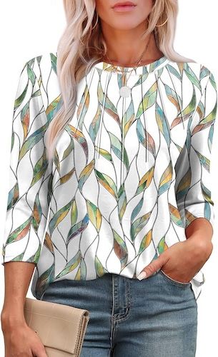 XIEERDUO 3/4 Length Sleeve Womens Tops Round Neck