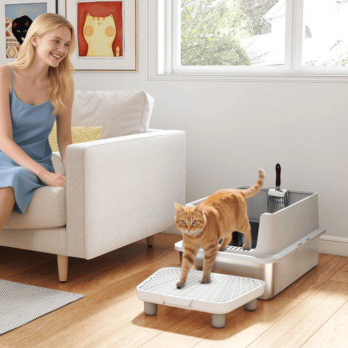 PawHut XL High Sided Cat Litter Box with Scoop and Pad, Stainless Steel, Gray