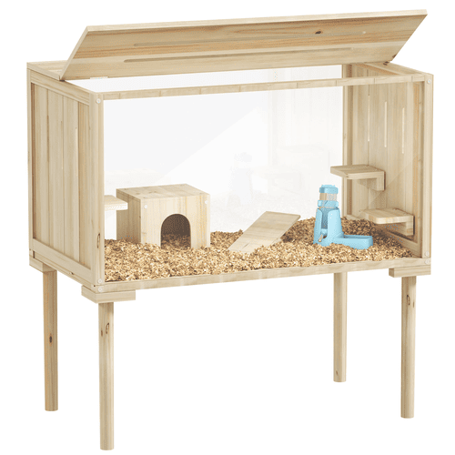 PawHut Wooden Hamster Cage with Legs, Seesaw, Hut, Water Bottle and Food Dish, Nature Wood