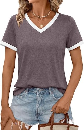 AUTOMET Womens Short Sleeve T-Shirts Soft Tunic V Neck