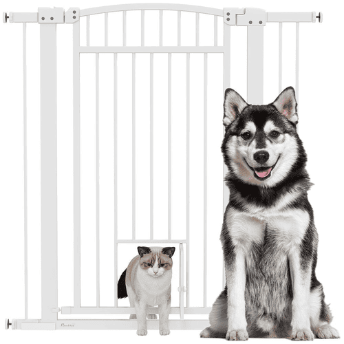 PawHut 30"-41" Pet Gate, Extra Wide Walk Through Puppy Gate, 3-Inch and 5.5-Inch Extension Kits, White