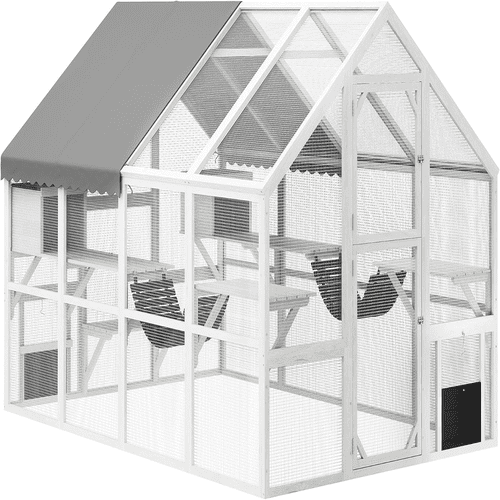 PawHut 110" Large Catio Outdoor Wooden Cat Enclosure with Waterproof Cover, 2 Condos, 6 Platforms, Bridge, Doors, White