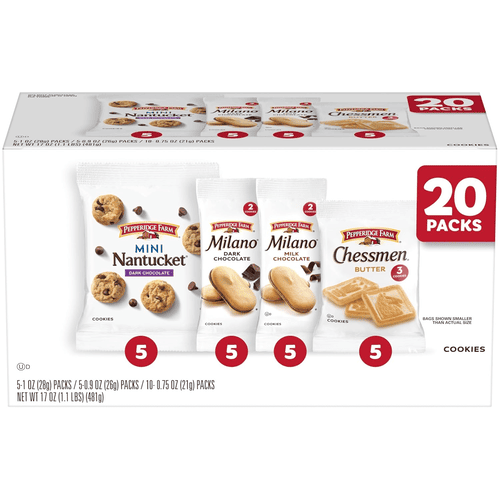 Pepperidge Farm Cookies Snack Packs, Variety Pack, Including Chessmen Butter, Milano Milk Chocolate, Milano Dark Chocolate, Mini Nantucket Dark Chocolate, 17 oz, 20 Packs