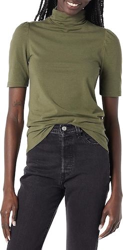 Amazon Essentials Women's Cotton Modal Draped Puff Sleeve Turtleneck