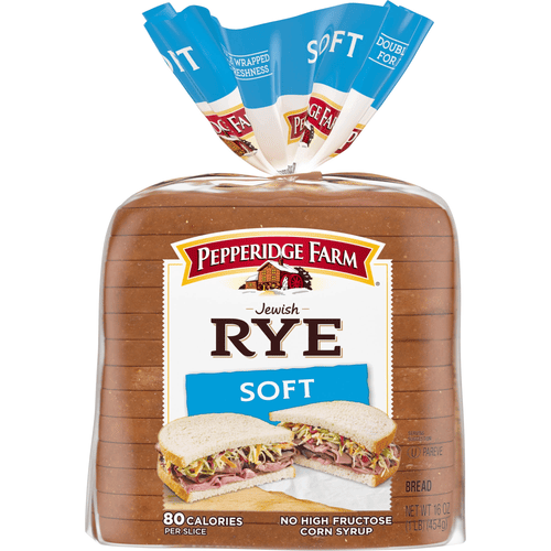 Pepperidge Farm Jewish Rye Soft Bread, 80 Calories Per Slice, No High Fructose Corn Syrup, 16 oz, Bag
