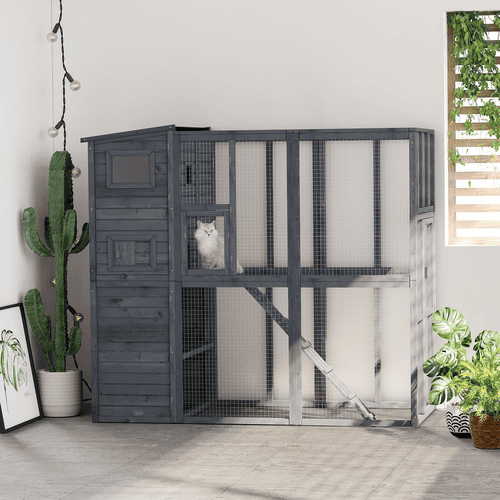 PawHut Cat House with Large Run for Play, Gray