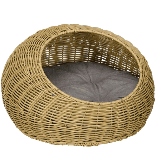 PawHut Wicker Pet Basket Bed with Washable Cushion, Light Brown