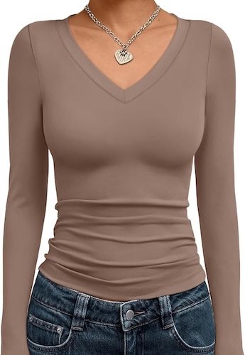 Trendy Queen Long Sleeve Shirts V Neck Crop Tops
