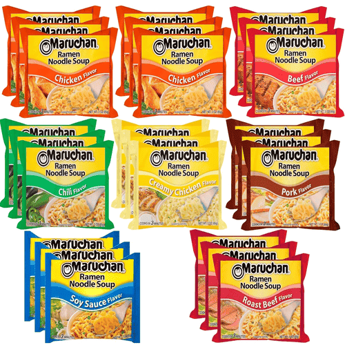 Maruchan Ramen Noodle Soup, Variety Pack, 7 Flavors, Cooks in 3 Minutes, 3 oz, Single Servings, Bag, Pack of 24