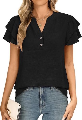 ANRABESS Women Tops Ruffle Short Sleeve Henley Shirts