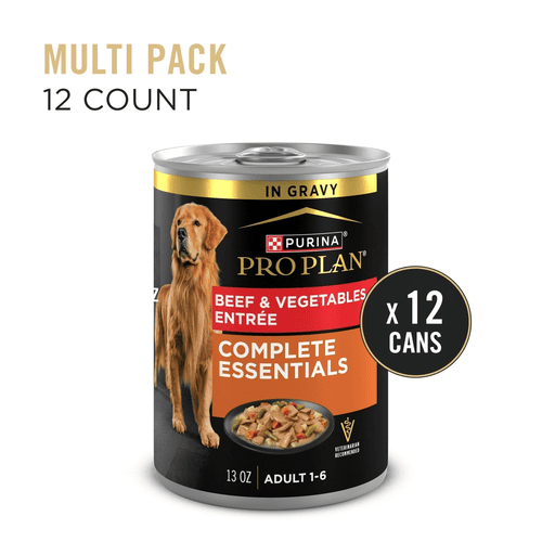 Purina Pro Plan Canned Dog Food, Beef & Vegetables Entree Slices in Gravy Complete Essentials for Adult 1-6, 13 oz, 12 Packs