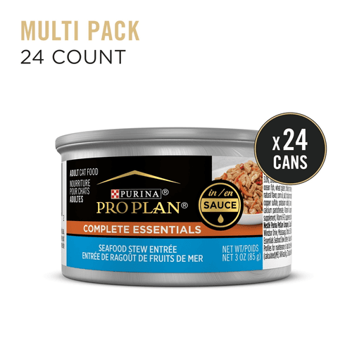 Purina Pro Plan Canned Adult Cat Food, Complete Essentials Seafood Stew Entree in Sauce, 3 oz, 24 Packs