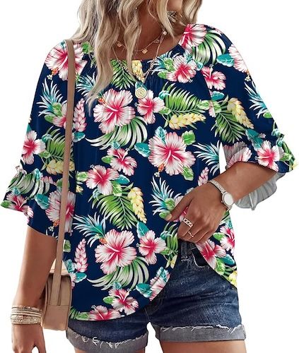 WIHOLL Plus Size 3/4 Length Sleeve Blouses Dressy Casual Shirts