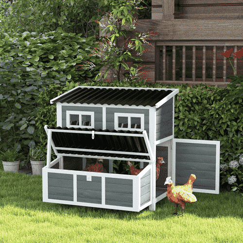 PawHut Wooden Coop for 4-6 Chickens, Gray and White