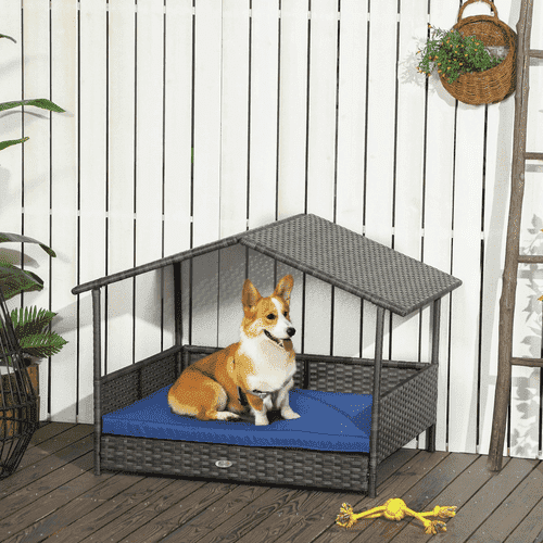 PawHut 31.5-in Wicker Indoor & Outdoor Covered Dog Bed, Blue