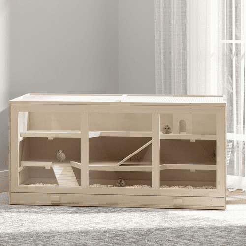PawHut Indoor and Outdoor Wooden Hamster Cage Hutch with Cover, Natural Wood