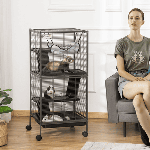 PawHut Black Small Animal Cage with Wheels, 4 Platforms