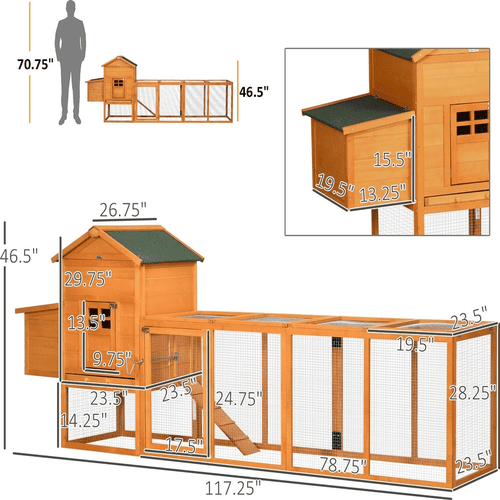 PawHut 117.25 x 26.75 x 46.5-in Orange Extra Large Run Included with Removable Tray Chicken Coop