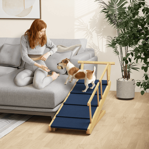 PawHut 33.5 x 15.7 x 30.9-in Foldable Natural Wood Dog Stairs Ramp with Adjustable Height and Non-slip Mat