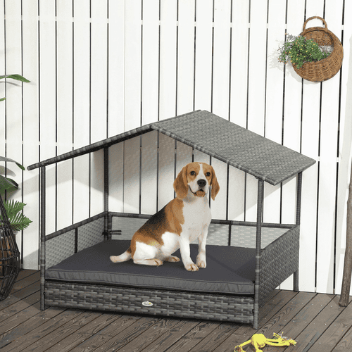 PawHut 46-in Dark Gray Outdoor Wicker Covered Dog Bed with Mat