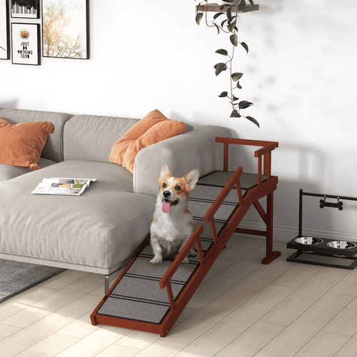 PawHut 59.8 x 15.7 x 27.8-in Brown Wooden Dog Stairs Ramp with Non-Slip Surface and Removable Guardrails