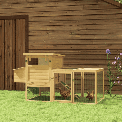 PawHut Elevated Wooden Chicken Coop with Lockable Doors, Outdoor Run and Nesting Box, Natural Wood, 75-in