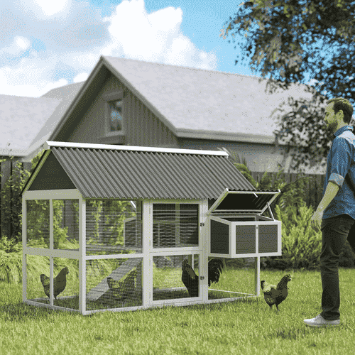 PawHut Elevated Wooden Chicken Coop with Roosting Bar, Lockable Doors, Outdoor Run and Nesting Box, Gray, 84-in