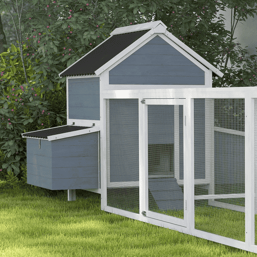PawHut Wooden Chicken Coop with Roosting Bar, Swing, Lockable Door, Outdoor Extended Run and 2 Nesting Boxes, Light Gray, 156-in