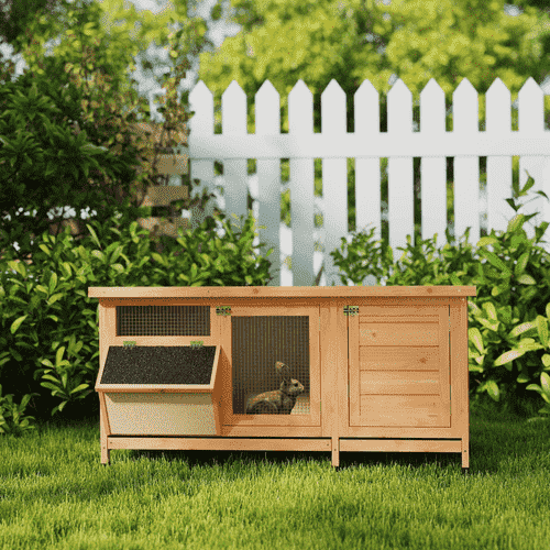 PawHut Indoor and Outdoor Wooden Hutch with Feeding Trough for Rabbits, Natural Wood