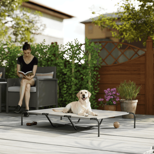 PawHut 59.8 x 37 x 9.1-in Beige Outdoor Elevated Breathable Mesh Steel Frame Dog Bed