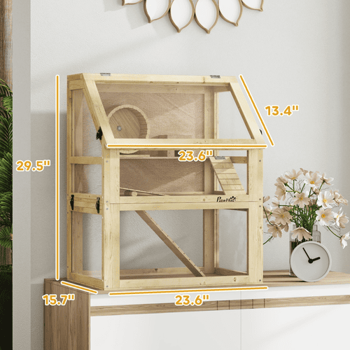 PawHut 23.6 x 15.7 x 29.5-in 3-Tier Natural Wooden Hamster Cage with Detachable 12.6-in Deep Bottom