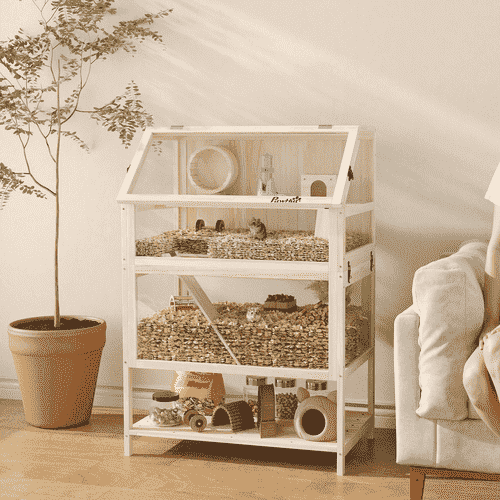 PawHut 31.5 x 20.9 x 46.1-in 3-Tier Natural Wooden Hamster Cage with Detachable Lower Floor