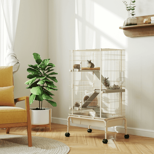 PawHut 27.2 x 17.3 x 47.2-in Beige 4-Level Large Rolling Metal Animal Cage with 3 Ramps, Water Bottle and Food Dish