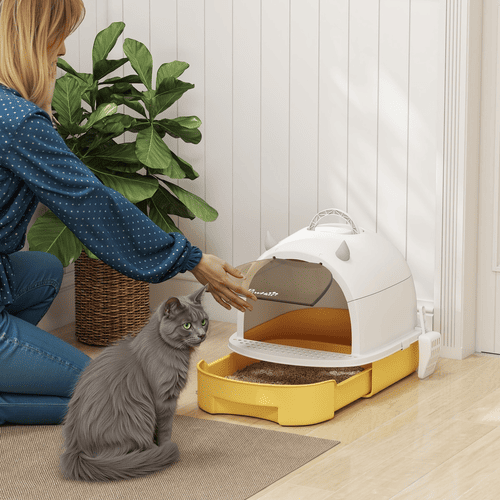 PawHut 15.9 x 20.5 x 15.4-in Yellow Cat Litter Box with Lid & Scoop, Covered Kitty Carbon Filter for Odor Control Pan