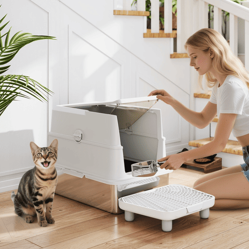 PawHut 23.7 x 15.8 x 17-in Cat Litter Box with Lid, Scoop and Stainless Steel Metal High-Sided Enclosure Pan