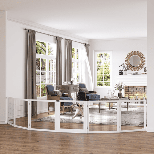 PawHut White Foldable Freestanding Wooden Dog Gate, 6 Panels