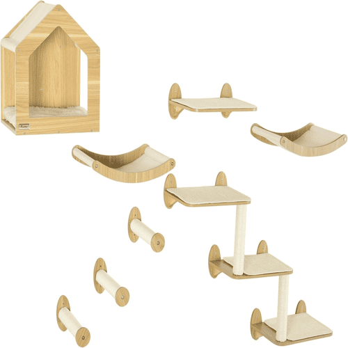PawHut Oak Wood Wall Mounted Cat Shelves, 10 Levels
