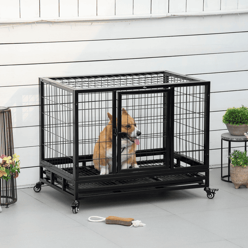 PawHut 36.2 x 24.4 x 27.2-in Heavy Duty Dog Black Crate with Double Doors and Lockable Wheels
