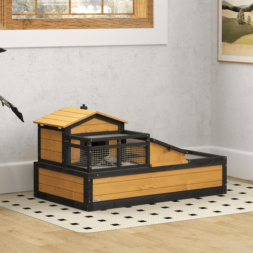 PawHut 44 x 25.5 x 23.5-in Yellow Indoor/Outdoor Wooden Tortoise Habitat with Balcony and 3 Rooms
