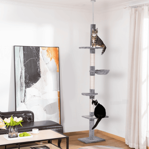 PawHut Grey and White Floor-To-Ceiling Cat Tree with Adjustable Height, 8.5-ft