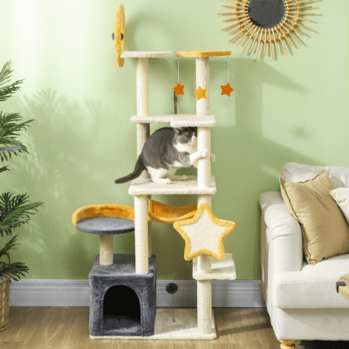 PawHut 63-in Beige Moon & Stars Cat Tree for Large Cats