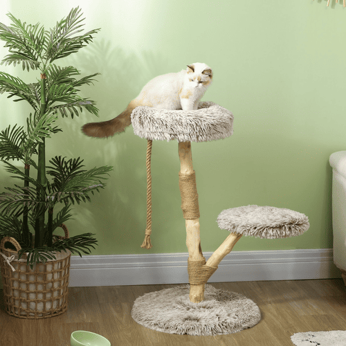PawHut Wooden Cat Tree, Natural Wood, 35-in