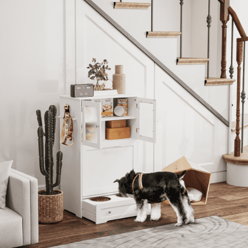 PawHut 23.6 x 13.8 x 39.4-in White Dog Feeding Station with Two Storage Cabinets