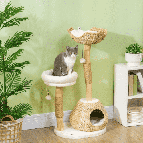 PawHut 20.9 x 15.7 x 40.6-in Cream White Wooden Plush Cat Tree & Condo with Scratching Posts