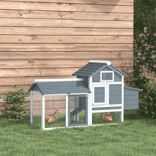 PawHut 59.25 x 21.25 x 34.25-in Wooden Elevated Chicken Coop with Nesting Box, Outdoor Run and Lockable Doors, Light Gray