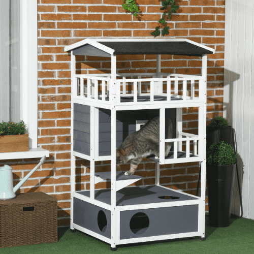 PawHut 29.75 x 29.5 x 54-in Wooden Outdoor Cat House and Tree, Gray