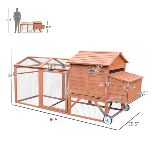PawHut 96.5 x 35.5 x 44.5-in Outdoor Back Yard Portable Wooden Chicken Coop with Wheels, Natural Wood
