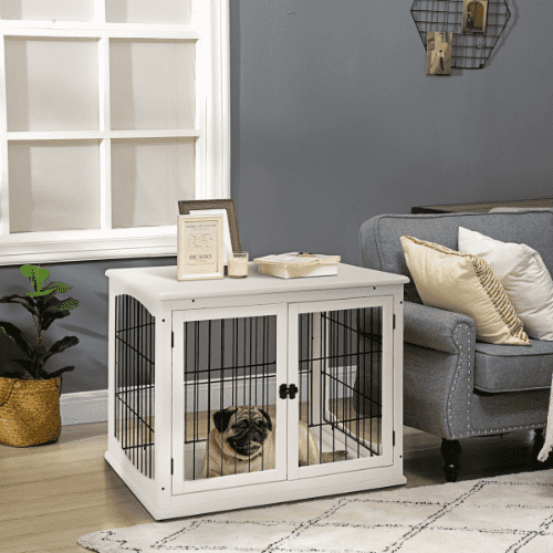 PawHut 32 x 23 x 26-in White Furniture Style Dog Crate with Double Doors